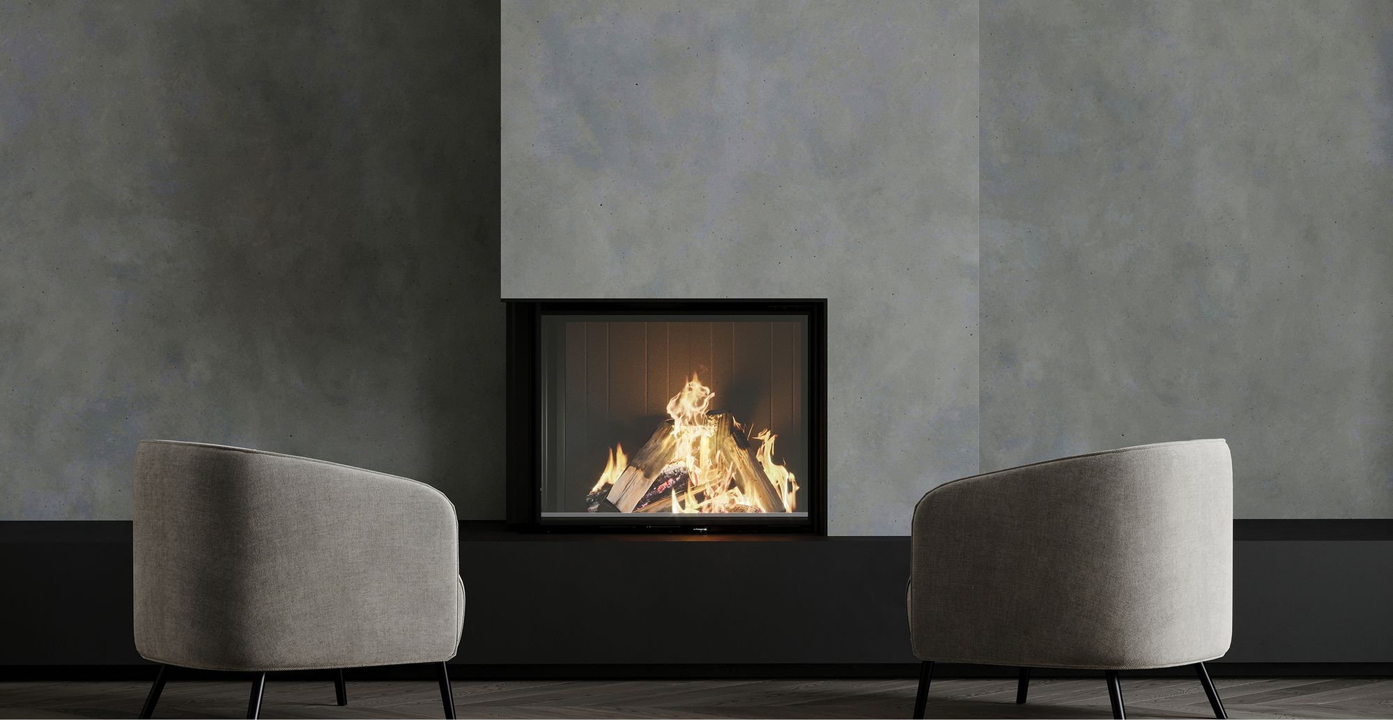 Lounge-Bereich in einem großen Wohnzimmer mit einem Kamin und einer kreativen Wandgestaltung